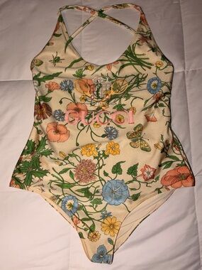 Gucci Kids Cream Floral One-Piece Swimsuit with Multicolor Flower Print